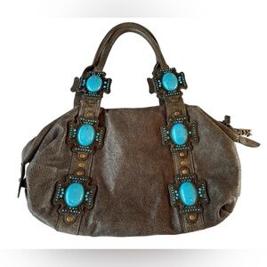 Charm and Luck Brown Embellished Turquoise Crystal Studded Leather handbag